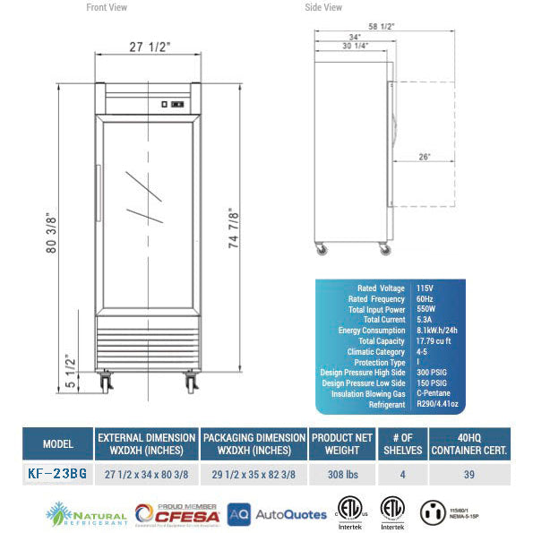 KF-23BG Reach-in Display Freezer, 28"*33"*80", 1-Year labor & Parts 5-Year compressor