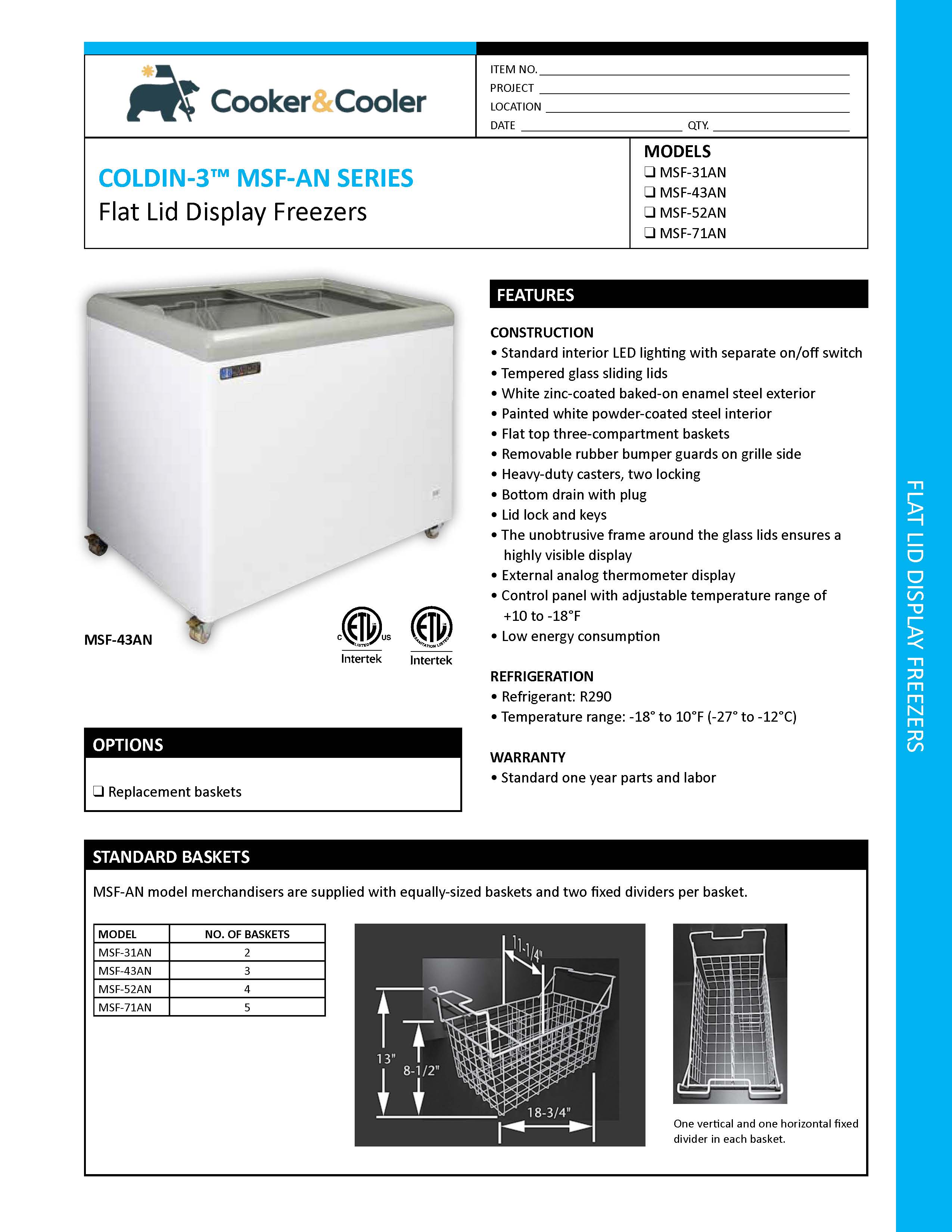 MSF-71AN Flat Top Display Freezer, 71"*27"*33", 1-Year labor & Parts 5-Year compressor