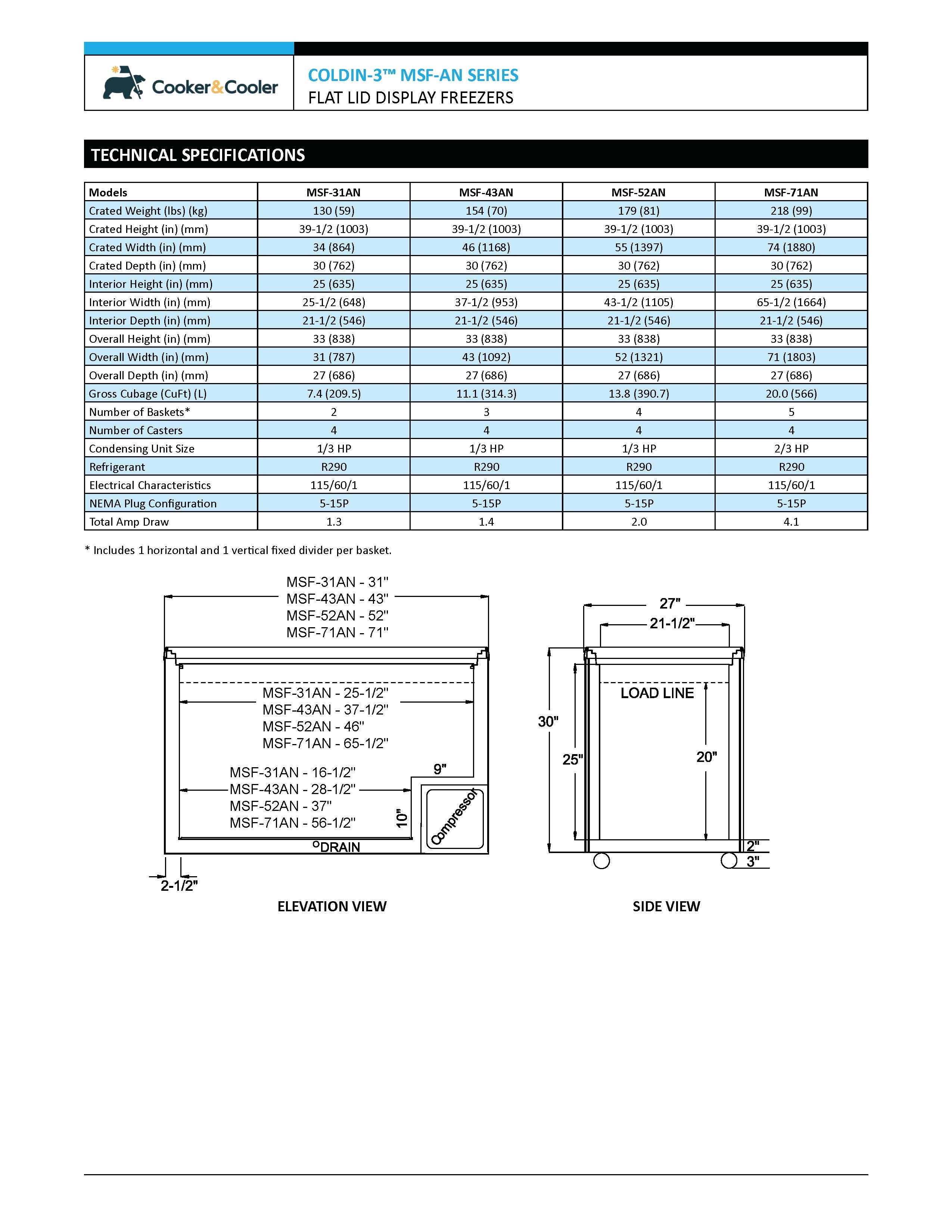 MSF-71AN Flat Top Display Freezer, 71"*27"*33", 1-Year labor & Parts 5-Year compressor