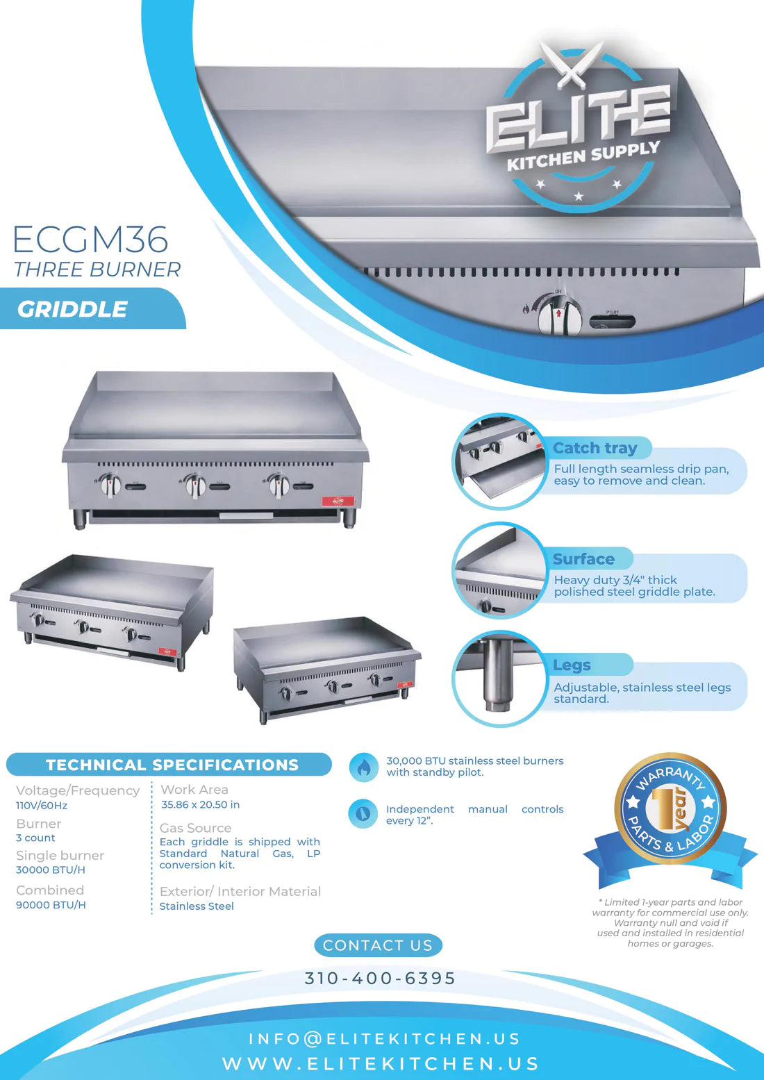 36" 3-Burner Commercial Griddle, ECGM36