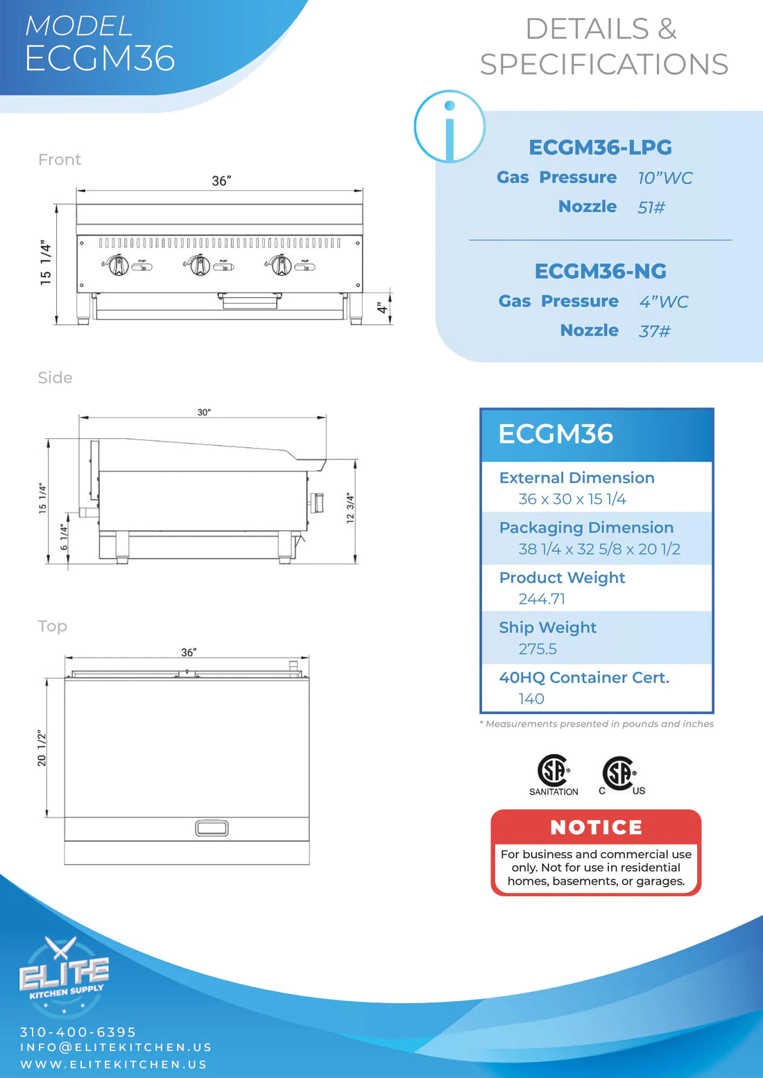 36" 3-Burner Commercial Griddle, ECGM36