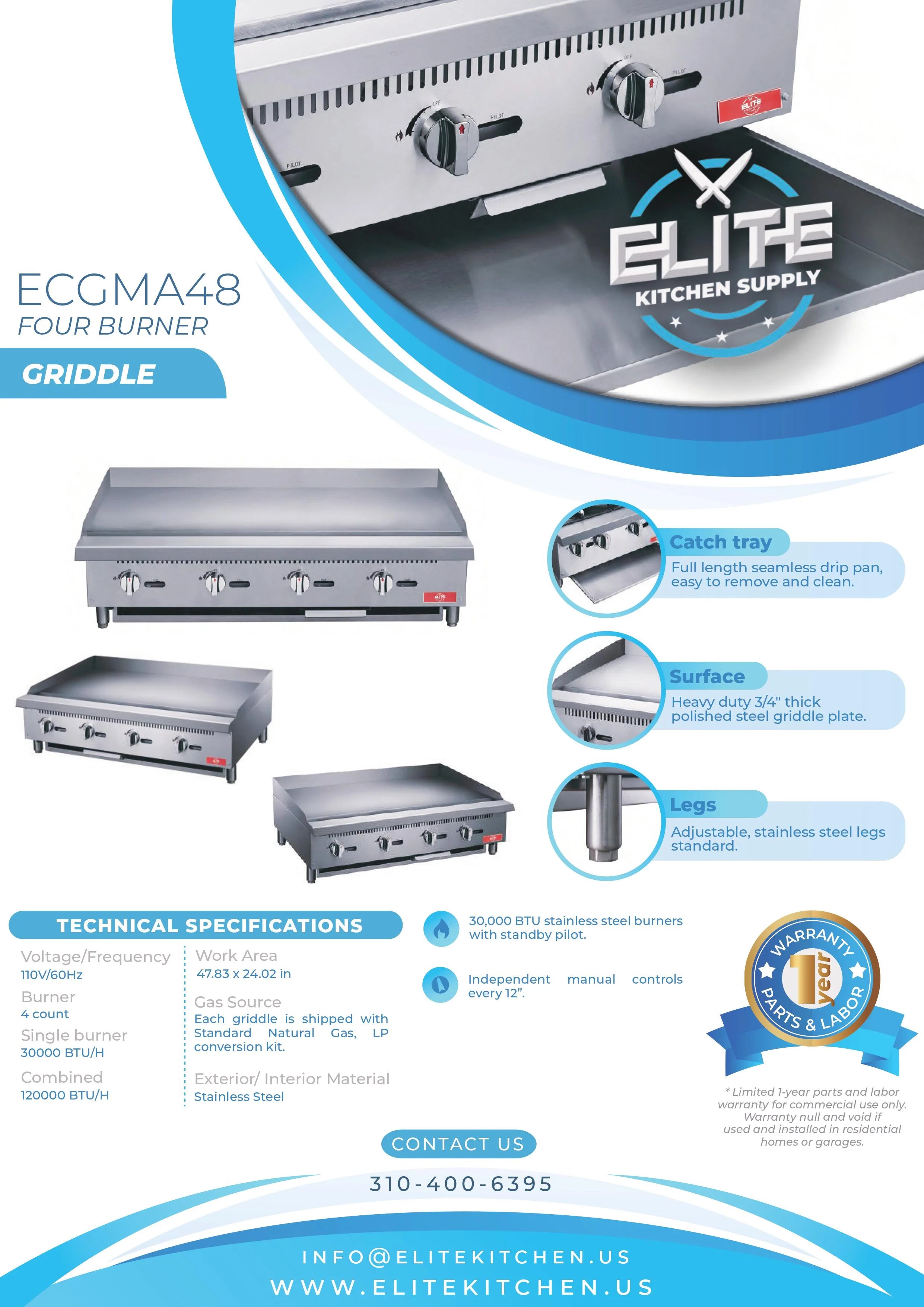 48" 4-Burner Commercial Griddle, ECGM48