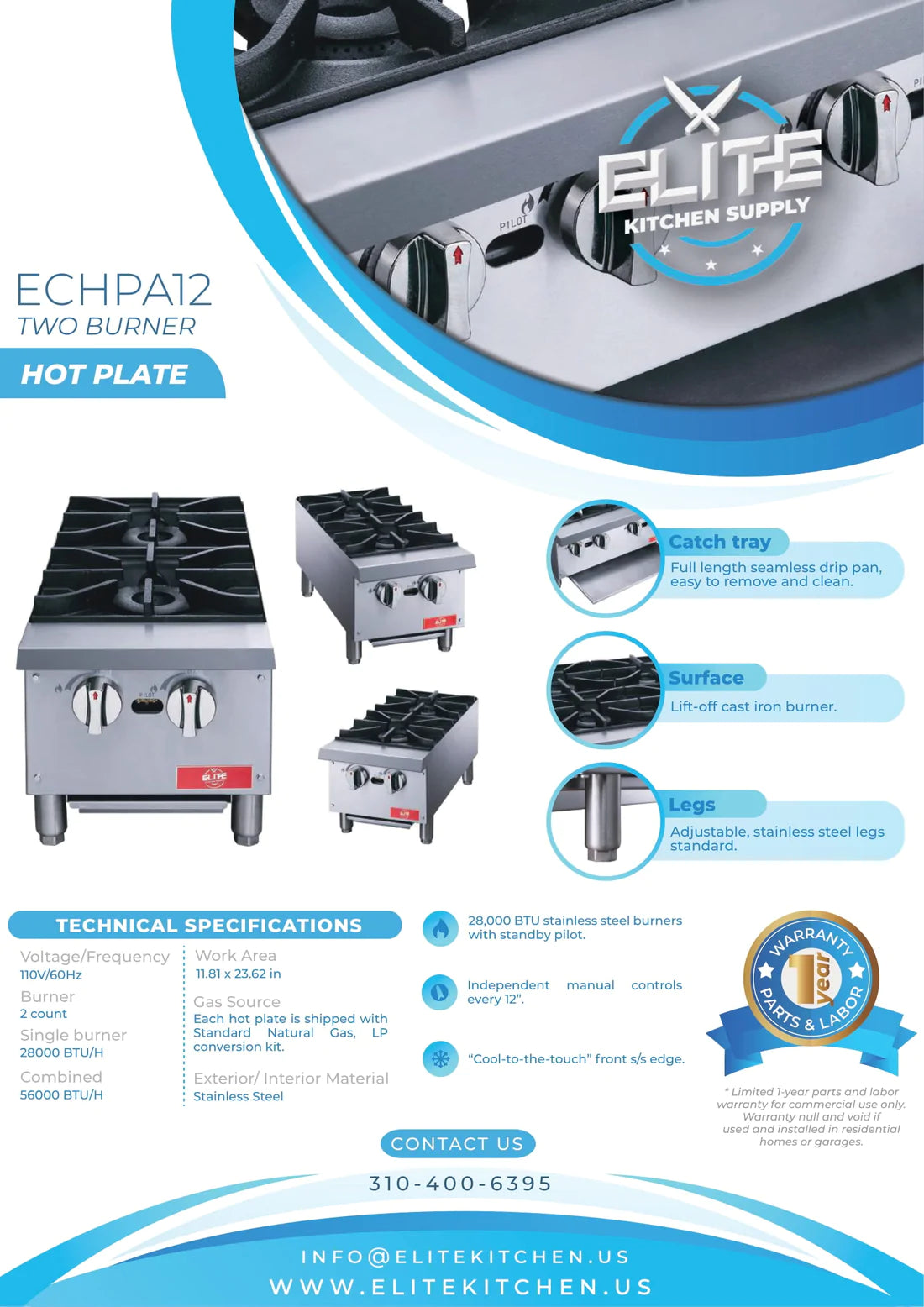 12" 2-Burner Hot Plate, ECHPA12