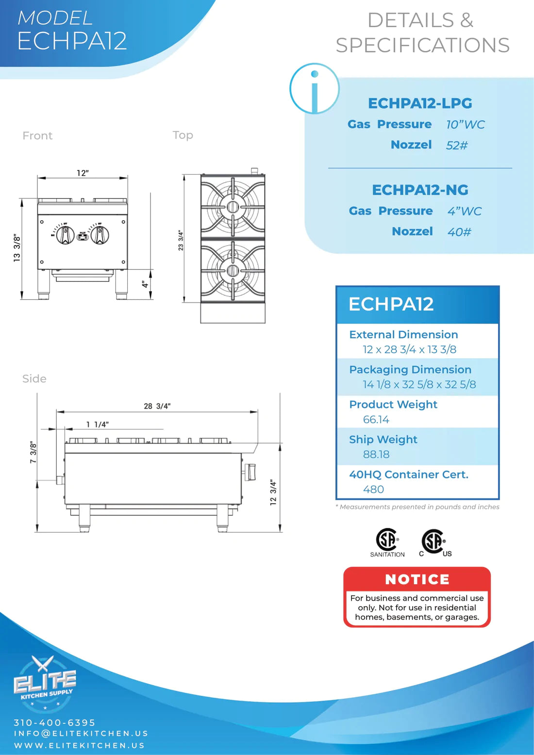 12" 2-Burner Hot Plate, ECHPA12