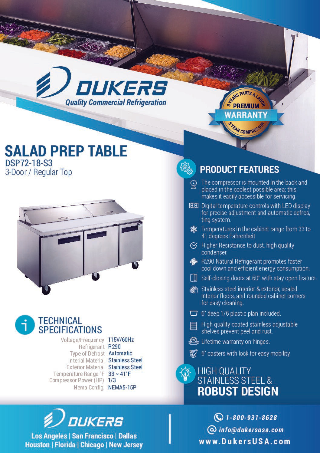 3-Door Commercial Food Prep Table Refrigerator, DSP72-18-S3